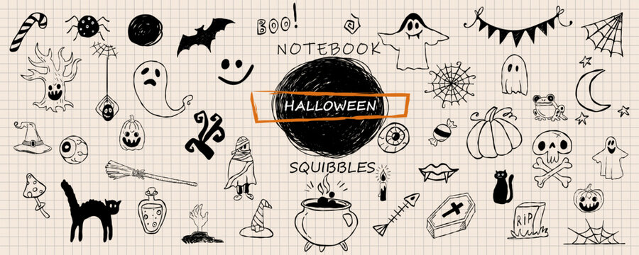 Halloween doodle collection with hand-drawn spooky icons. Set of pumpkins, ghosts, bats, witches, skulls, spiders, candy and festive elements