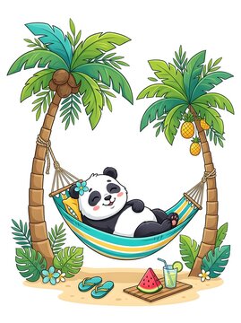 Cute panda bear relaxing in a hammock between two tropical palm trees on a sandy beach.