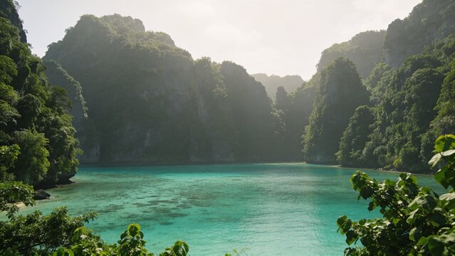 Majestic limestone cliffs rise dramatically from crystal-clear emerald waters in a hidden tropical lagoon, surrounded by dense vegetation, offering an untouched paradise for adventure travel and natur