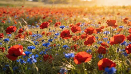Fototapeta premium A sweeping prairie of brilliant red poppies and sapphire cornflowers basks in radiant sunset light, excellent for calendar photography and environmental campaigns.