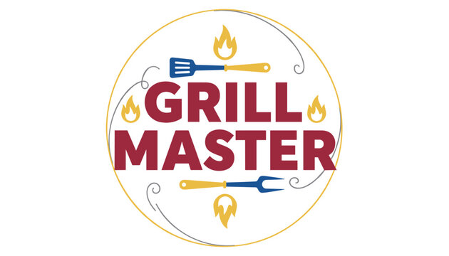 Grill master barbecue badge design with spatula fork and fire icons