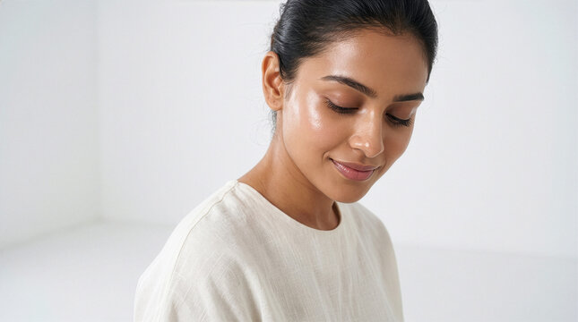 Serene young Indian woman looking downward with hydrated glowing skin
