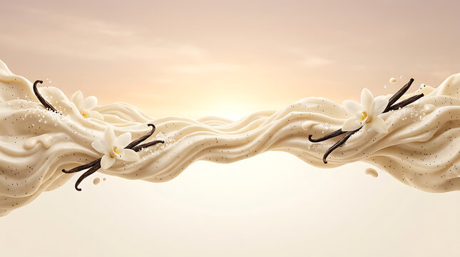 Creamy vanilla bean liquid splash with elegant white flowers and sugar crystals flowing gracefully in a soft warm light studio