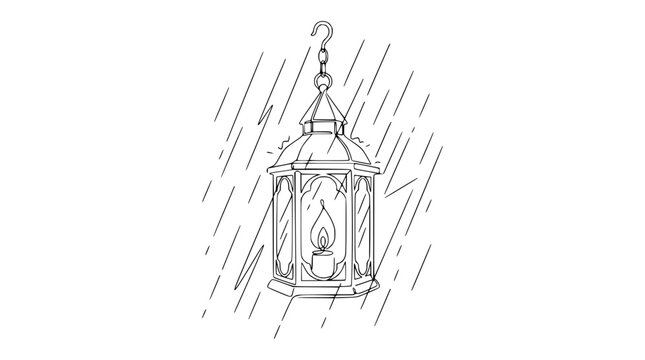 Vintage Lantern with Candle Flame Hanging in Gentle Rain