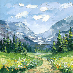 Obraz premium Mountain meadow oil painting with alpine peaks pine forest wildflowers green valley and textured summer sky
