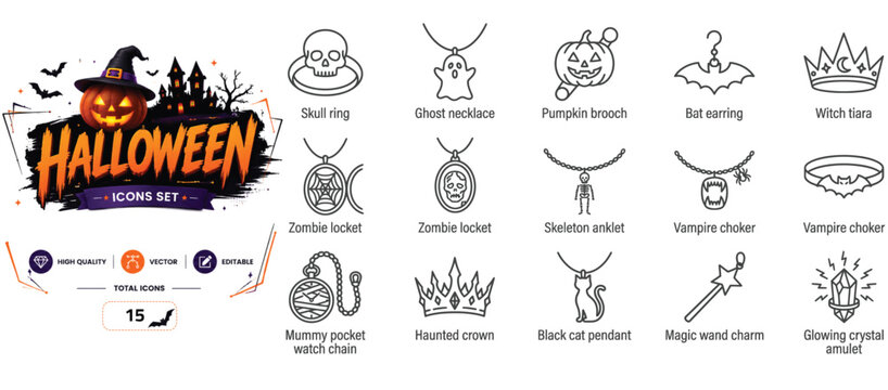 Set of 15 outline icons related to halloween, jewelry - collection of skull ring, ghost necklace, pumpkin brooch, bat earring, witch tiara, zombie locket