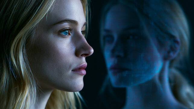 Portrait of young woman beside her digital twin, concept of data privacy in the metaverse, digital identity, biometric scanning, AI avatars, deepfake technology