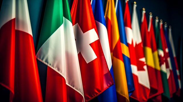 International flags representing global diplomacy cooperation and multicultural unity