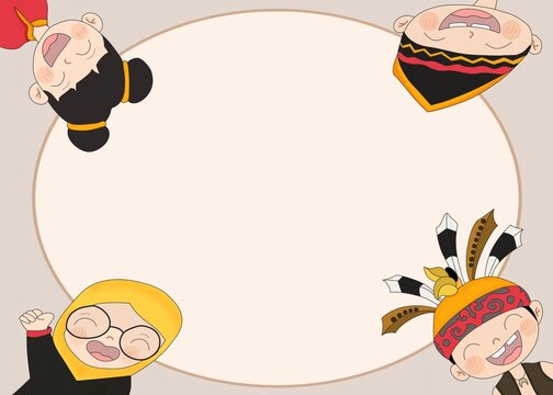 Celebrate Sarawak Day (July 22nd) with this vibrant, patriotic illustration featuring happy, diverse children in traditional ethnic attire. Peeking from corners of oval textured frame with copy space.