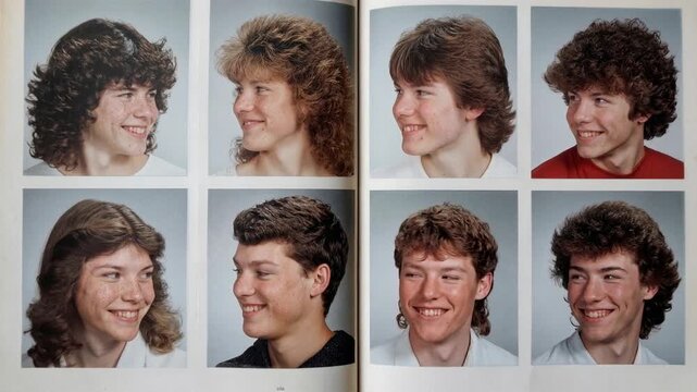 Vintage yearbook photos showcase diverse 1980s hairstyles and youthful smiles. A collection of yearbook portraits from the 1980s featuring students with distinct hairstyles