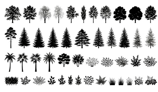 Untitled design - 2Design a premium flat vector set of 96 black botanical silhouettes isolated on a solid white background. Include realistic silhouettes of coconut palms, fan palms, pine trees, spruc