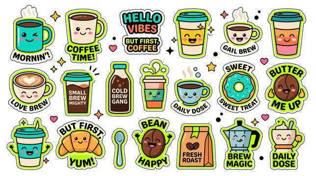 Cute Kawaii Coffee Stickers: Morning Brew, Cold Brew, Croissant, Donut, Moka Pot