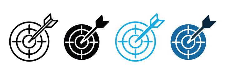 Business strategy target icon set, arrow hitting bullseye symbols for success, goals, achievement, planning, marketing, and growth concepts. © Ayat0002