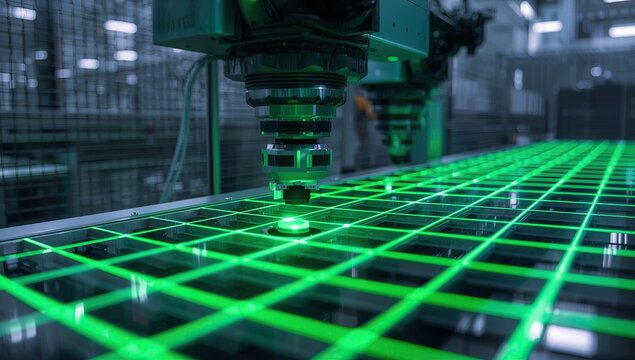 Machine vision camera system scanning products on conveyor belt with visible green laser grid projection, concept of smart manufacturing, industrial automation and future factory technology