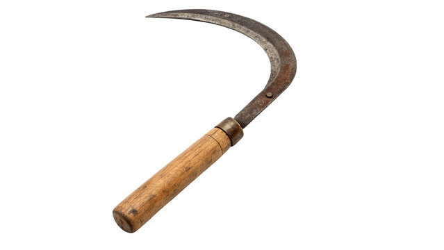 Traditional manual sharp metal agricultural sickle tool isolated on a transparent background