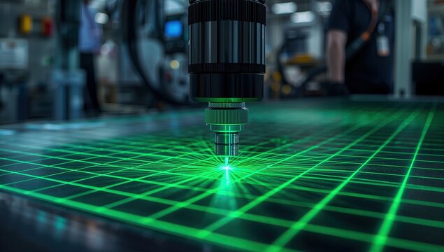 Machine vision camera system scanning products on conveyor belt with visible green laser grid projection, concept of smart manufacturing, industrial automation and future factory technology