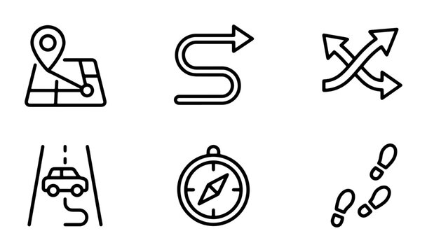 Navigation Icons Set: Map Pin, Winding Road, Crossroads, Car, Compass, Footsteps, Directional Arrows