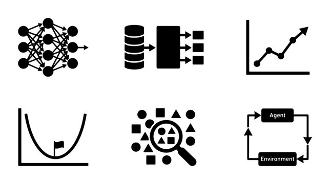 Machine Learning Icons: Neural Network, Data Processing, Graph, Algorithm, Analysis, Reinforcement Learning