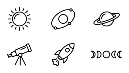 Space Icons Set: Sun, Galaxy, Saturn, Telescope, Rocket, Moon Phases Vector Graphics © Mahim
