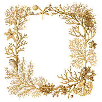 Elegant golden coral and starfish square frame on white background.