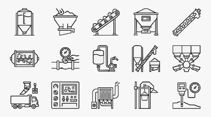 Industrial Black and White Line Icons Set Featuring Various Machinery and Equipment for Manufacturing Processes © Irta