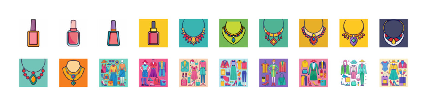 Colorful flat icons of cleaning and beauty products - Bright and cheerful vector icons showing bottles, sprays, and containers for cleaning and beauty items in a flat design style.