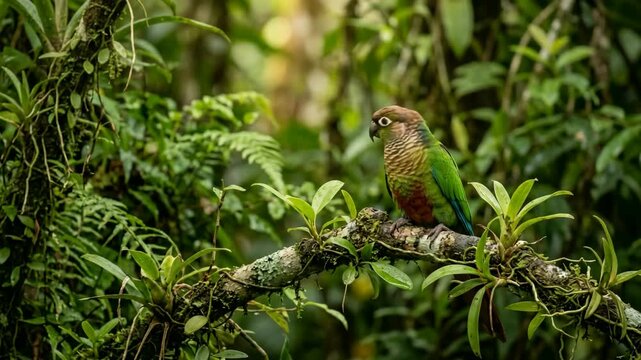 conure parrot on branch in amazon rainforest brazil golden light close up video