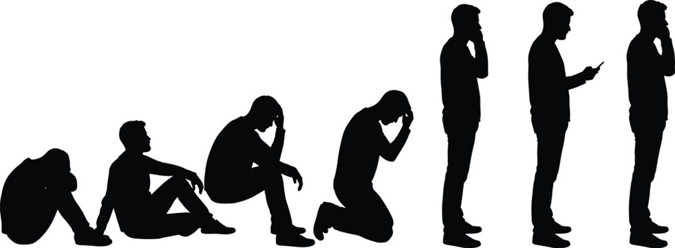 Silhouette sequence of person changing posture from sitting to standing with smartphone symbolizing transformation evolution and technology progression