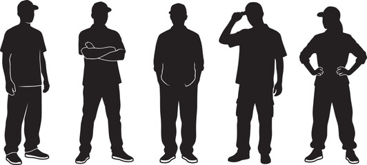 Silhouettes of five casual figures in varied postures symbolizing human gesture body language and everyday lifestyle © MdFaruk