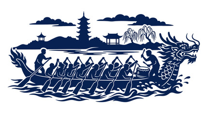 Dragon Boat Race Festival Celebration Silhouette with Pagoda and Willow Tree © kc