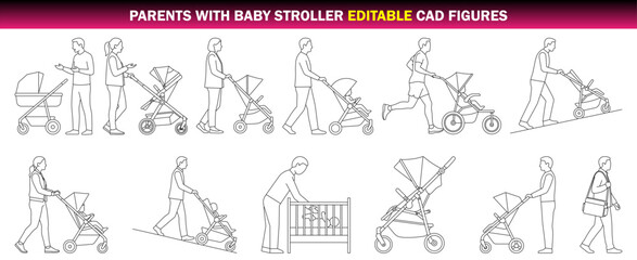 Obraz premium Parents with Baby Stroller Editable CAD Figures – Mothers, Fathers and Baby Pram Collection for Architectural Drawings