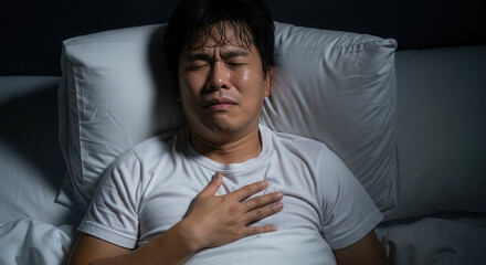 Fototapeta premium Asian man with anxiety sweat in bed at night, suffering panic and sleep disorder, for mental health awareness