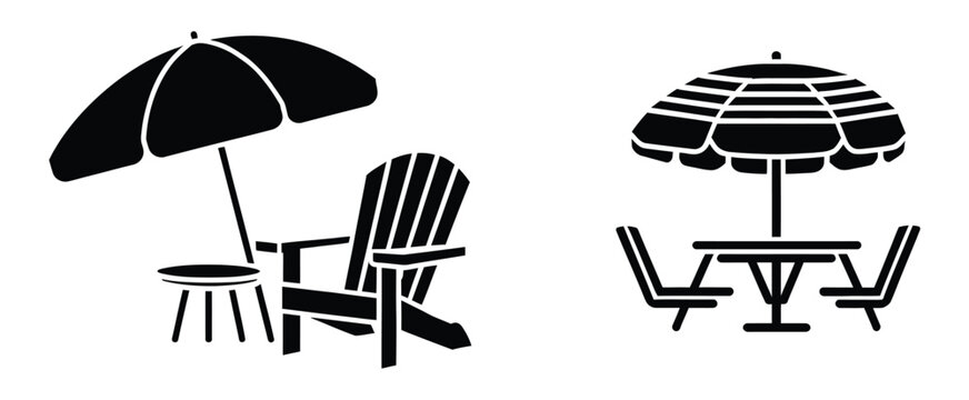 Beach chair and umbrella icon set, summer vacation and relaxation symbols for seaside travel, sunbathing, tourism, and holiday design.