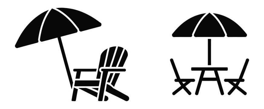 Beach chair and umbrella icon set, summer vacation and relaxation symbols for seaside travel, sunbathing, tourism, and holiday design.