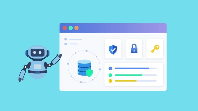 Flat vector illustration of a robot assistant beside a cloud protection dashboard with database, shield, folder, and key icons, representing secure cloud management, access control, and automation.