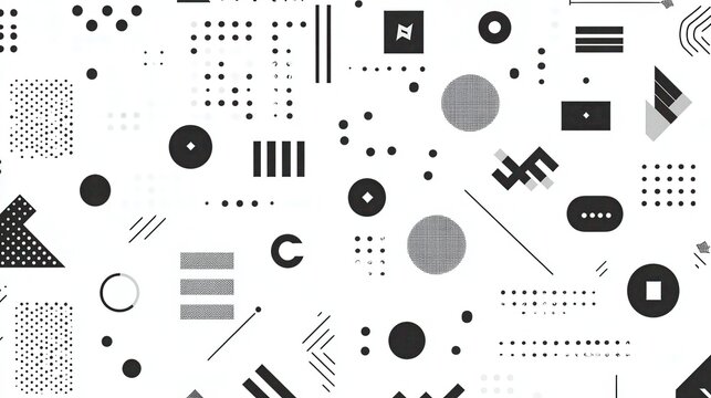 Abstract geometric pattern featuring black shapes and minimalist symbols on a white background