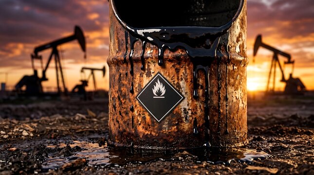 Rusty oil barrel leaking crude oil with flammable sign in industrial field at sunset against pump jacks energy industry and pollution concept