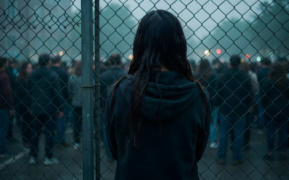 Woman with dark hair seen from behind standing in front of a chain link fence looking at a blurred crowd of people in a dark foggy setting
