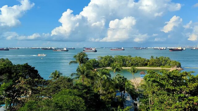 Singapore Strait with Cargo Ships from Sentosa Island, Singapore