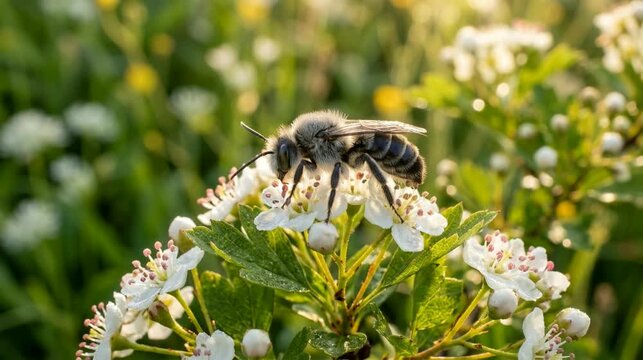 ashy mining bee close up on meadow flower uk countryside morning sunlight video