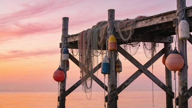 Rustic wooden pier structure adorned with hanging fishing nets and vintage buoys beneath a dramatic pink and orange sunset sky.