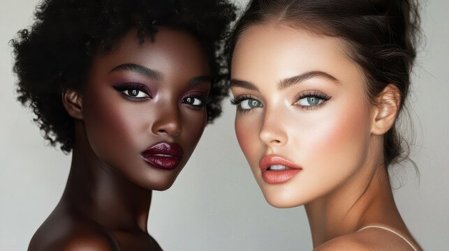 Close up portrait of two diverse young women with professional makeup in a studio setting
