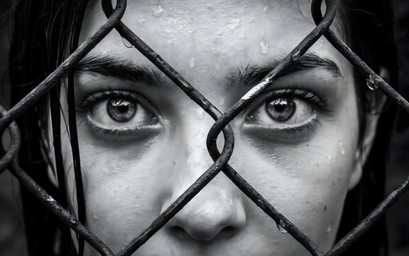 A black and white close-up portrait of a young woman with wet skin, staring intensely through the diamond-shaped gaps of a metal wire fence