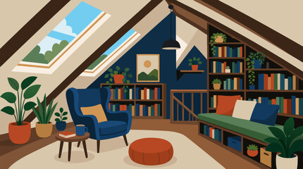 Cozy Attic Reading Nook with Skylights, Bookshelves, and Houseplants in Warm Vector Illustration. Serene loft library retreat featuring comfortable armchair, colorful books, and natural sunlight © Shahid