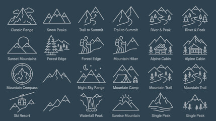 Mountain adventure and outdoor activity line art icon set © nanas