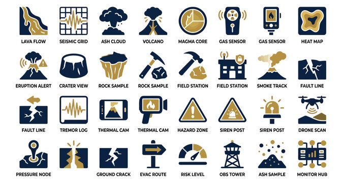 Volcano Icon Set with Lava Flow, Seismic Grid, Ash Cloud, Magma Core, Gas Sensor, Heat Map, and Hazard Signals