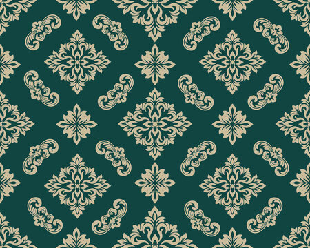 Damask seamless pattern elegant vintage retro floral ornaments on dark green background. Classic baroque repeat luxurious decorative motifs, intricate scrollwork,  ornamental pattern style. Vector