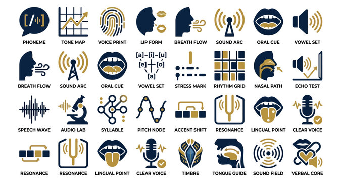Voice and Speech Audio Icons Set with Phoneme, Tone Map, Breath Flow, Sound Arc, and Echo Test Symbols