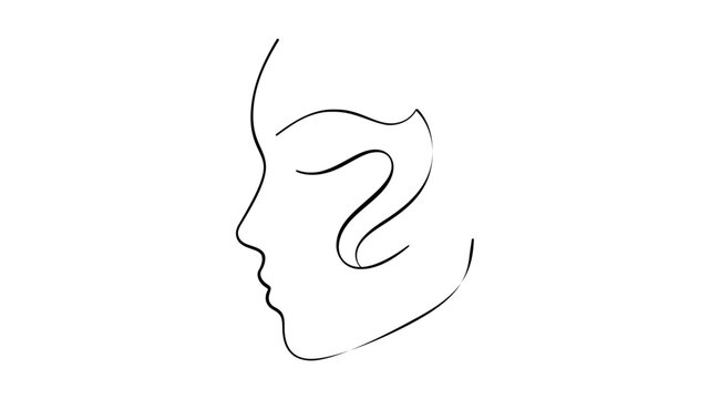 Simple vector icon of a human face profile in side view with a wavy line inside representing hair or design on a plain white background for artistic use and creative projects