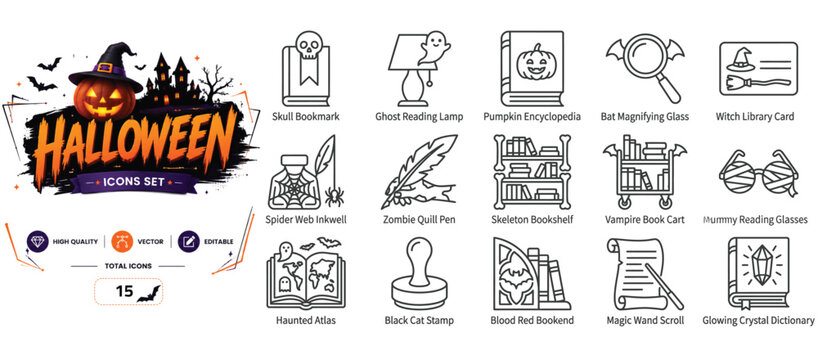 Set of 15 outline icons related to Halloween, library - collection of skull bookmark, ghost lamp, pumpkin encyclopedia, bat magnifying glass, witch library card vector elements